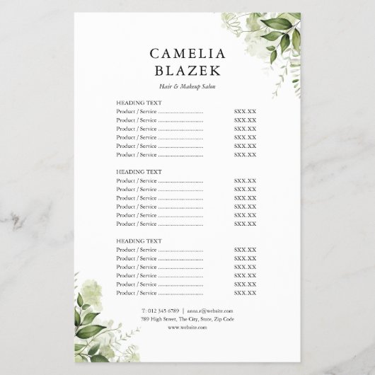 Groen Bloemensalon Service Menu Prijslijst (Voorkant)