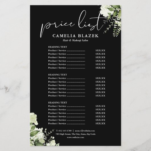 Groen Bloemensalon Service Menu Prijslijst (Voorkant)