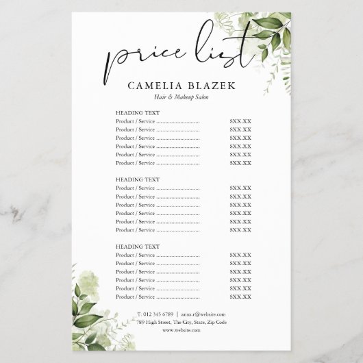 Groen Bloemensalon Service Menu Prijslijst (Voorkant)