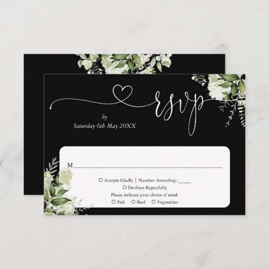 groen bloemenschrift hart zwart-wit RSVP kaartje (Voorkant / Achterkant)
