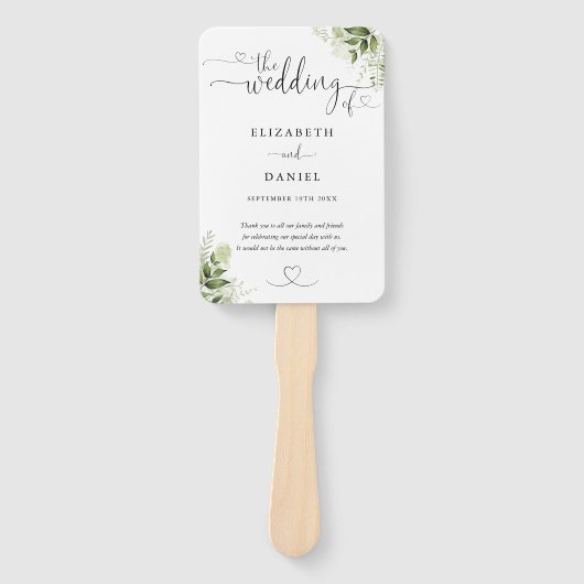 Groen Bloemhart Script Trouwprogramma Handwaaier (Voorkant)