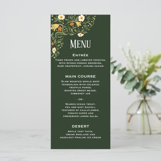 Groen bloemig bruiloftsreceptiemenu menu (Staand voorkant)