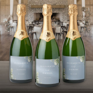 Groen Bloemig Elegant Stof Blauw Bruiloft Sparkling Wijnetiket