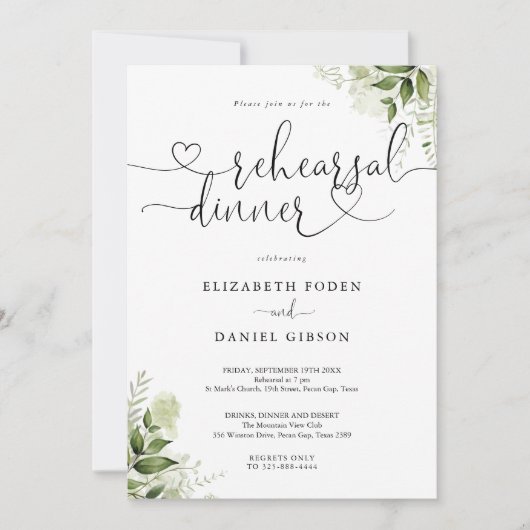 Groen Bloemig Hart Script Repetitie Diner Kaart (Voorkant)