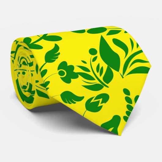 Groen bloemmotief G01. B Geel BG Stropdas (Opgerold)