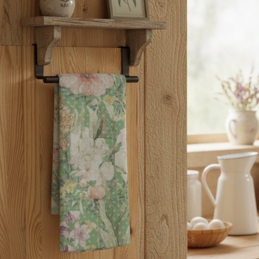 Groen bloemmotief met stippen theedoek