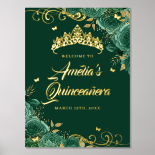 Groen Bloemmotief Quinceanera Welkomstbord Goud Folie Afdrukken