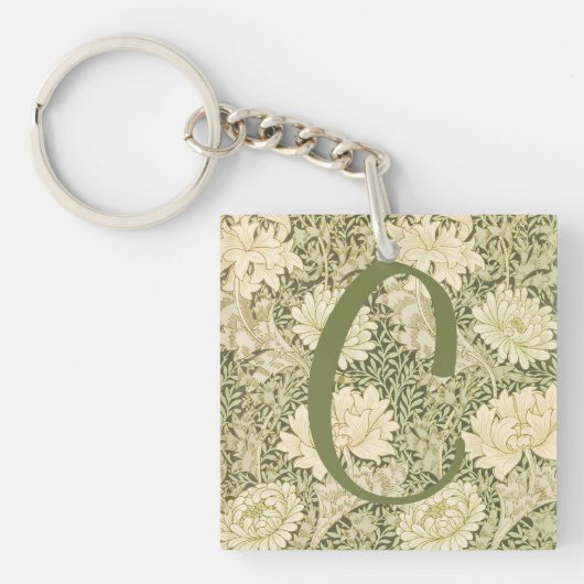 Groen Bloemmotief Wm Morris Monogram Sleutelhanger (Voorkant)