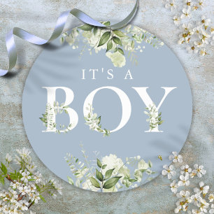 Groen Bloemstof Stofblauw Het Is Een Jongen Babyfe Ronde Sticker
