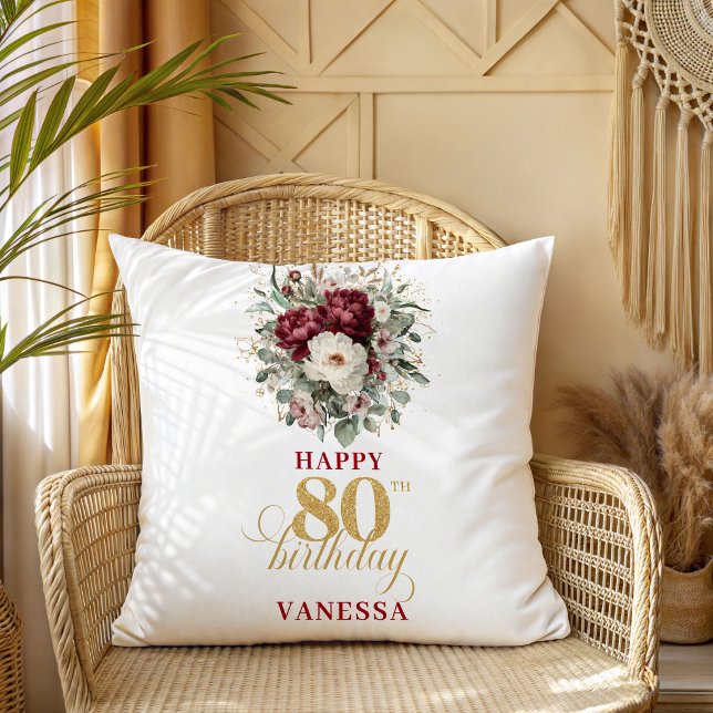 Groen Blozend Bourgondië 80ste Verjaardag Kussen (Greenery Blush Burgundy 80th Birthday Gift Pillow)