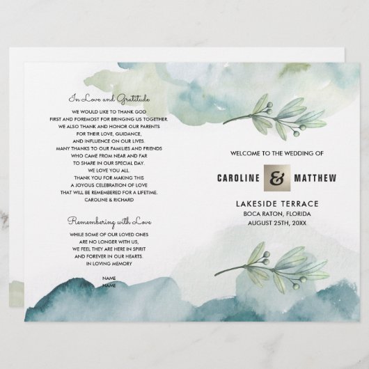 Groen Blue Berry Branch Waterverf Wedding Programm (Voorkant / Achterkant)