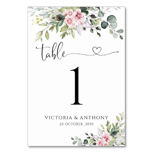 groen blush roze bruiloft tafel nummers kaart (Voorkant)