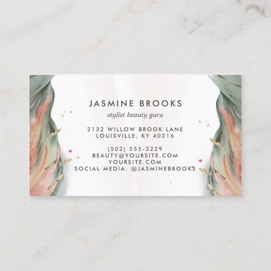 Groen Blush roze en goud elegante penseelstreek Visitekaartje (Achterkant)