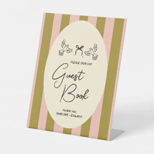 Groen Blush Roze Gestreepte Trouw Gastboek Bord Reclamebord Met Voetstuk