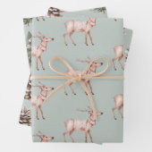 Groen Blush Roze Herten Pine Kegels Kerstbomen Inpakpapier Vel (In situ)