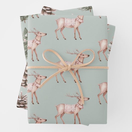 Groen Blush Roze Herten Pine Kegels Kerstbomen Inpakpapier Vel (In situ)