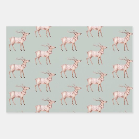 Groen Blush Roze Herten Pine Kegels Kerstbomen Inpakpapier Vel (Voorkant)