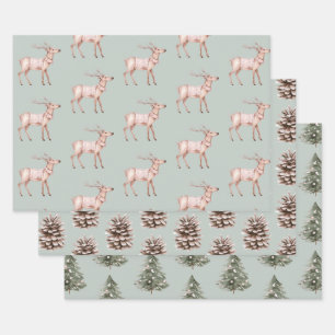 Groen Blush Roze Herten Pine Kegels Kerstbomen Inpakpapier Vel