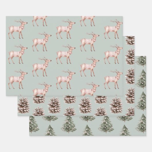 Groen Blush Roze Herten Pine Kegels Kerstbomen Inpakpapier Vel (Set)