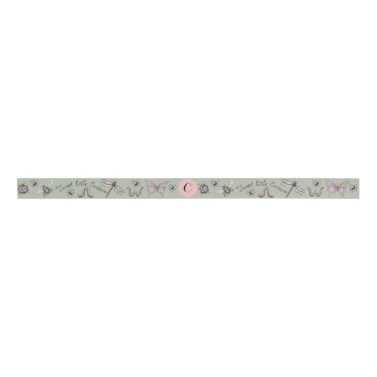  Groen & Blush Roze Meisje Insect Monogram Grosgrain Lint (Voorkant)
