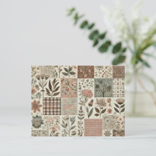 Groen Blush Roze Patchwork Bloemen Gewatteerd Ontw Briefkaart (Staand voorkant)