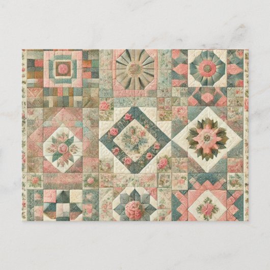 Groen Blush Roze Patchwork Bloemen Gewatteerd Ontw Briefkaart (Voorkant)