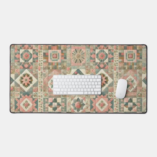 Groen Blush Roze Patchwork Bloemen Gewatteerd Ontw Bureaumat (Keyboard & Muis)