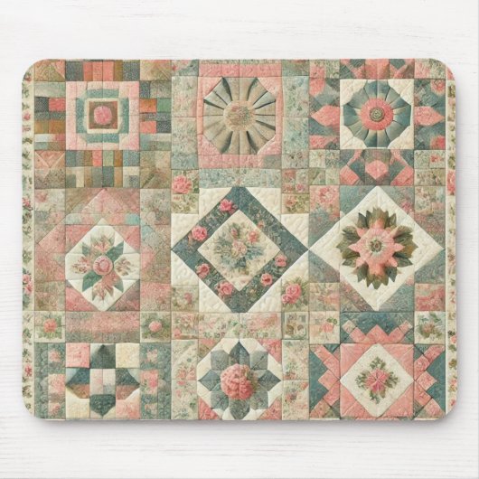 Groen Blush Roze Patchwork Bloemen Gewatteerd Ontw Muismat (Voorkant)