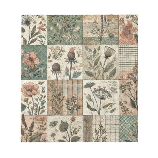 Groen Blush Roze Patchwork Bloemen Gewatteerd Ontw Notitieblok (Voorkant)