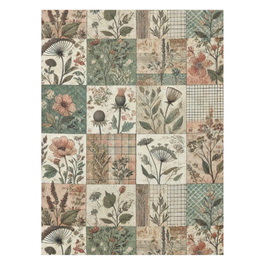 Groen & Blush Roze Patchwork Quilt  Bloemen Tafelkleed (Voorkant)