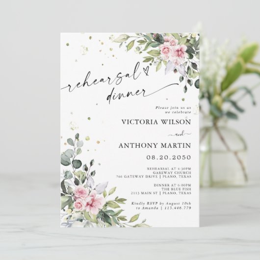 Groen Blush Roze Repetitie Diner Uitnodiging (Staand voorkant)