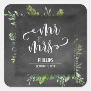 Groen Boeket Mr. & Mrs. Typografie Chalkboard Vierkante Sticker
