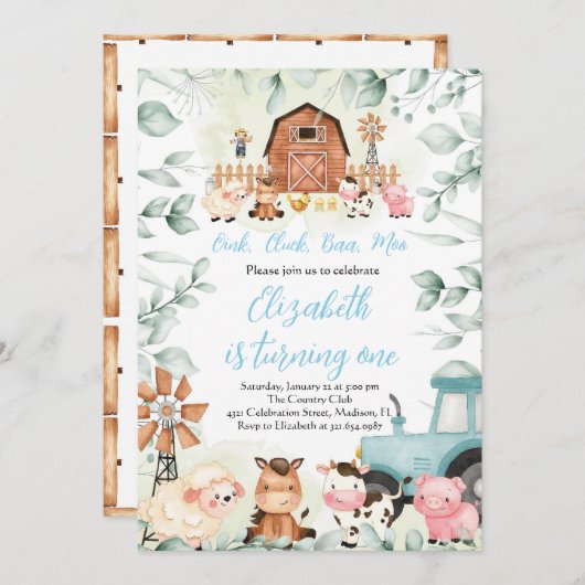 Groen Boerderij Dieren Barnyard Blauw Jongen Verja Kaart (Voorkant / Achterkant)