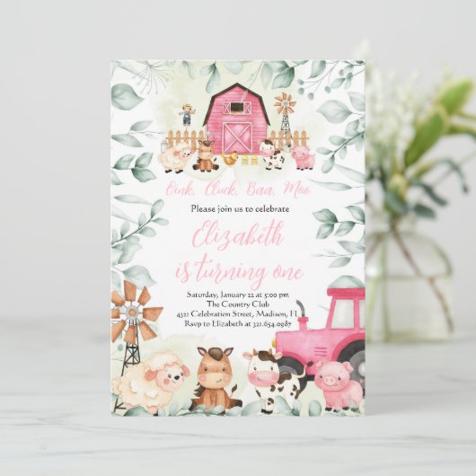 Groen Boerderij Dieren Barnyard Roze Meisje Verjaa Kaart (Staand voorkant)