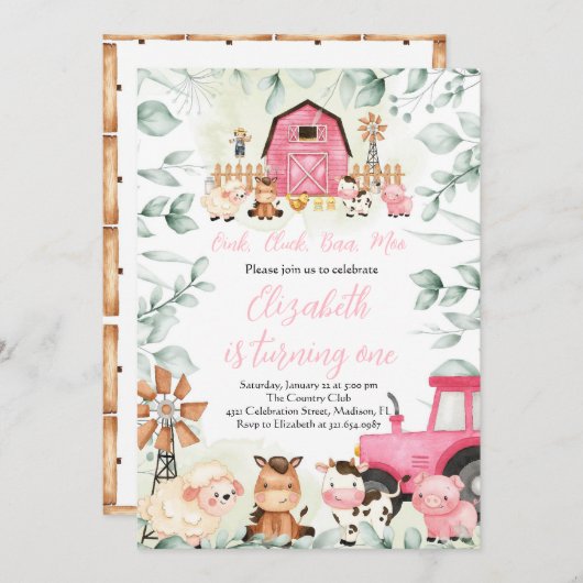 Groen Boerderij Dieren Barnyard Roze Meisje Verjaa Kaart (Voorkant / Achterkant)