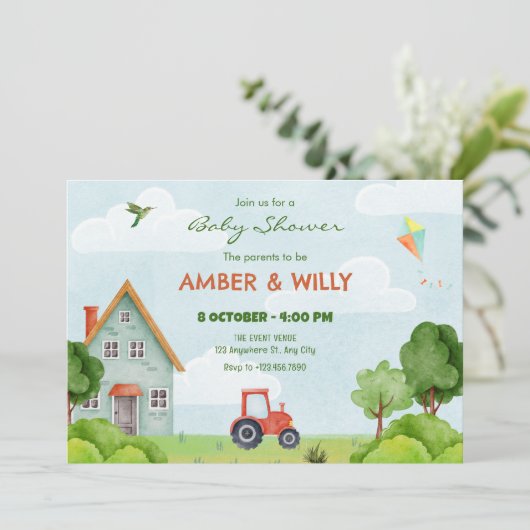 Groen boerderij huis baby shower kaart (Staand voorkant)