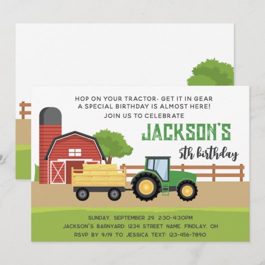 Groen Boerderij Tractor Verjaardagsfeest, elke lee Kaart (Voorkant / Achterkant)