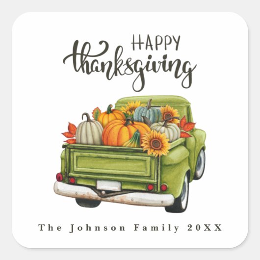  Groen Boerderij Truck Thanksgiving Harvest Vierkante Sticker (Voorkant)