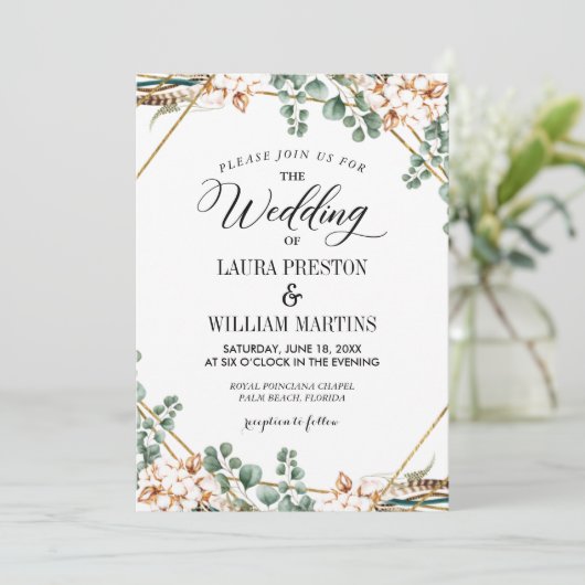 Groen Boho Eucalyptus Glitter Lijst Bruiloft Kaart (Staand voorkant)