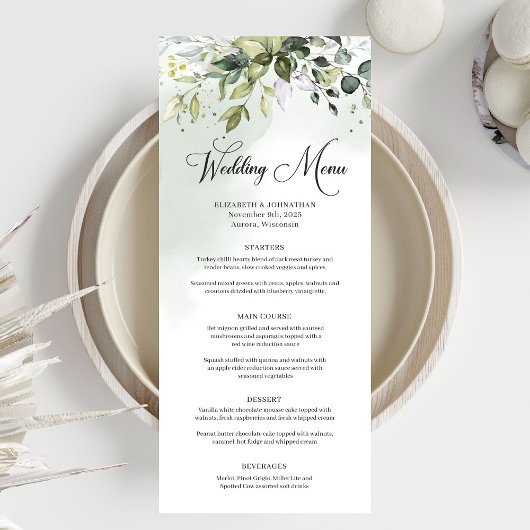 Groen boho gebladerte eucalyptus bruiloft diner menu