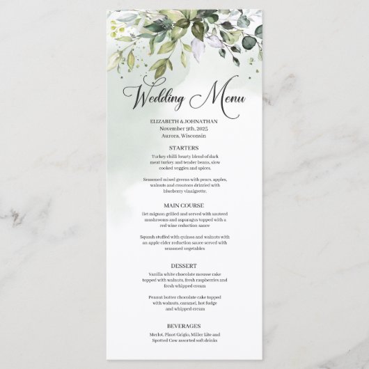 Groen boho gebladerte eucalyptus bruiloft diner menu (Voorkant)