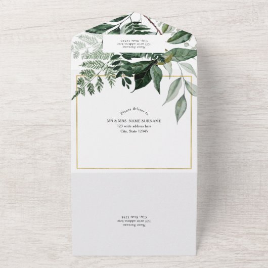 Groen Boho Moderne Boog, Tuin Bruiloft All In One Uitnodiging (Buitenkant)