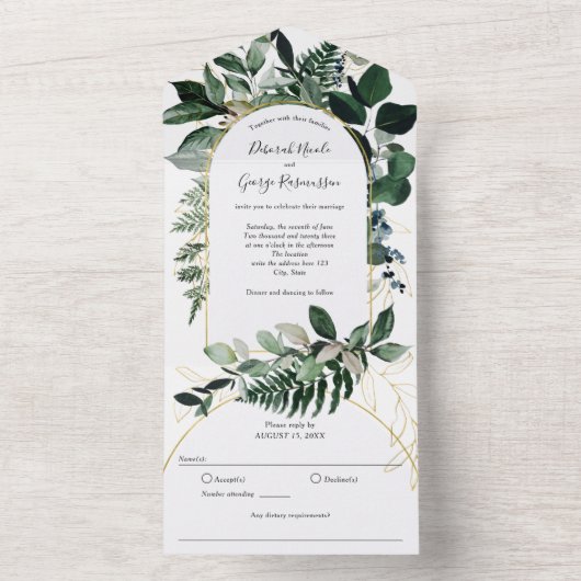 Groen Boho Moderne Boog, Tuin Bruiloft All In One Uitnodiging (Binnen)