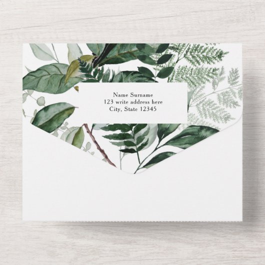 Groen Boho Moderne Boog, Tuin Bruiloft All In One Uitnodiging (Achterkant)