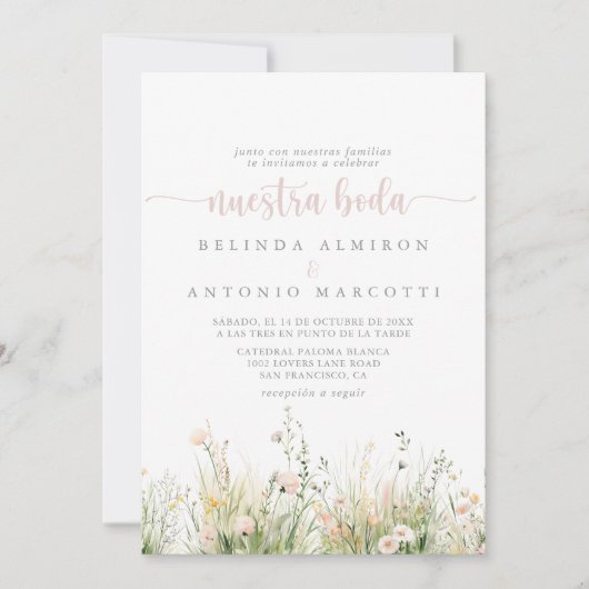Groen Boho Wildflower Nuestra Boda bruiloft Kaart (Voorkant)