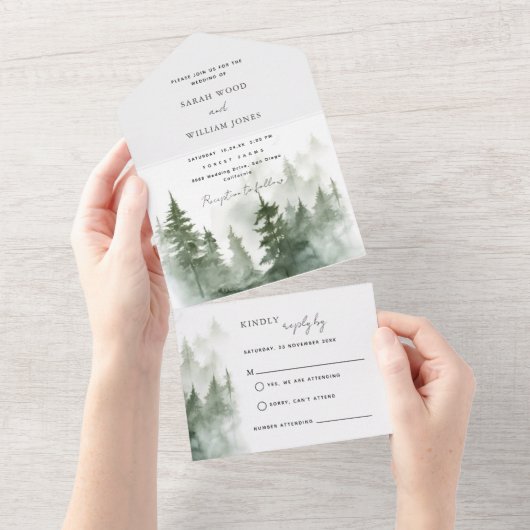 Groen bos Alles in een bruiloft uitnodigen All In One Uitnodiging (Afscheurbaar)
