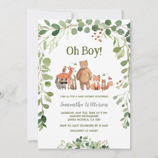 Groen Bos Dieren Jongen Baby shower Kaart (Voorkant)
