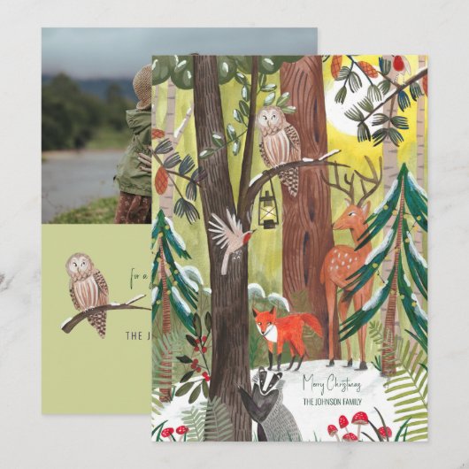 Groen bos met houten grond Kerstfoto Feestdagenkaart (Voorkant / Achterkant)