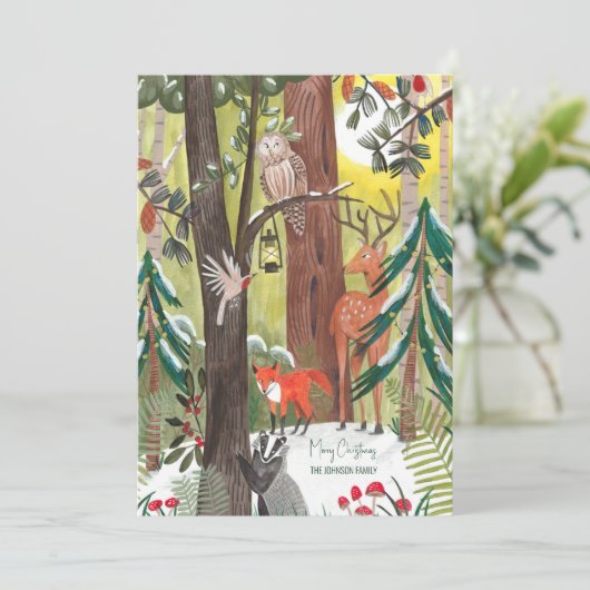 Groen bos met houten grond Kerstfoto Feestdagenkaart (Staand voorkant)