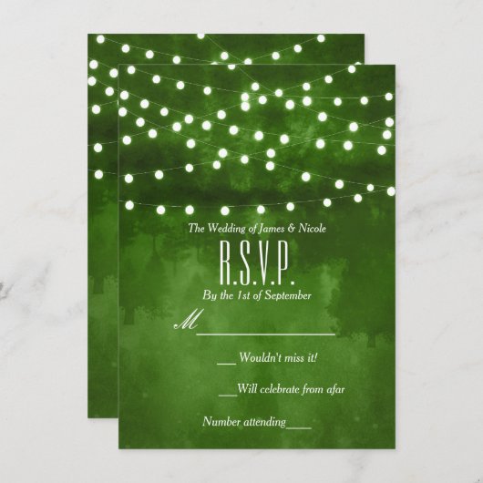 Groen Bos Rustieke String Lights Bruiloft RSVP Kaart (Voorkant / Achterkant)